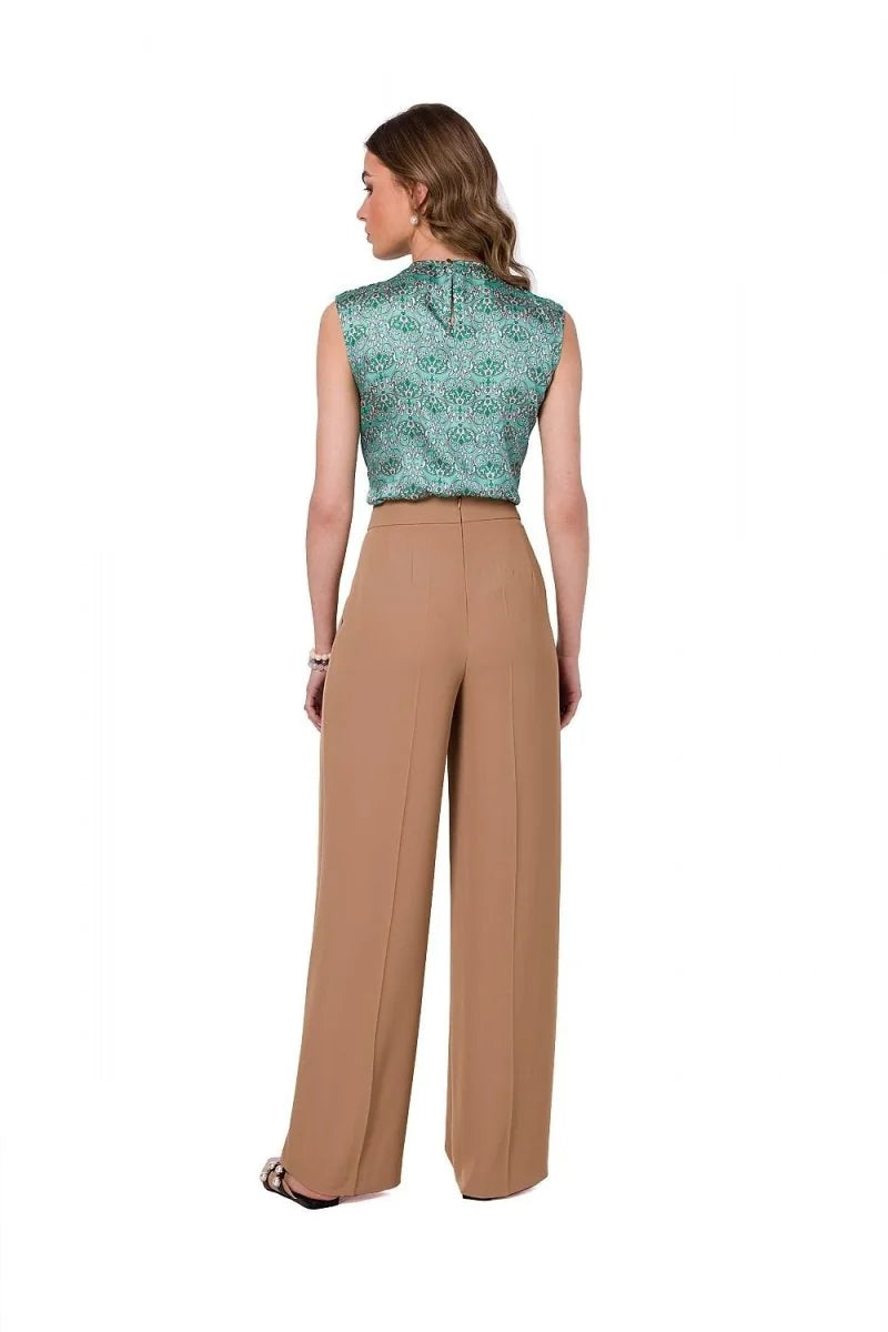 Brown wide-leg pants with a smooth finish, shown on a model from the back.