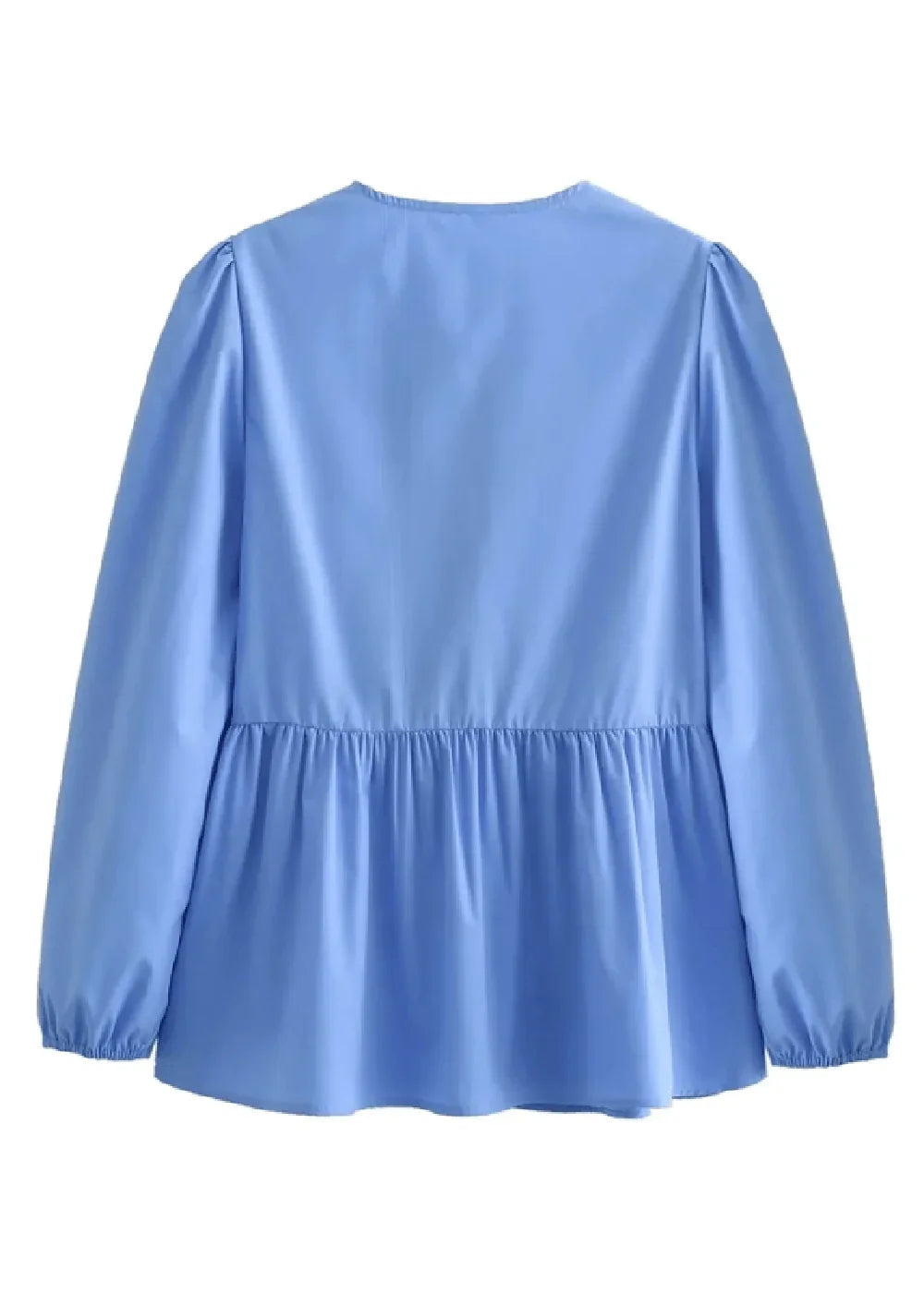 Back view of a light blue peasant blouse with puffed sleeves and gathered waist