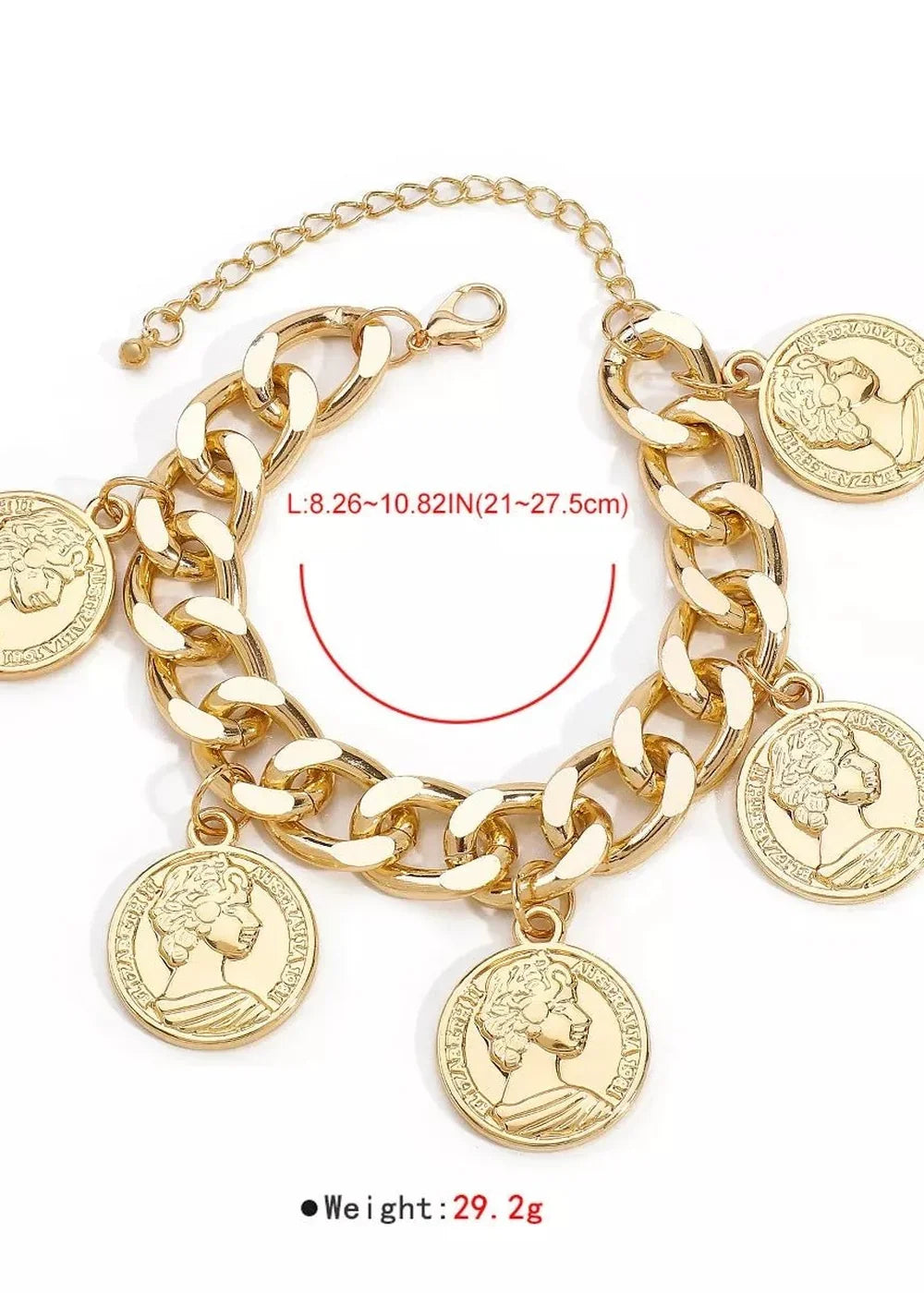 Gold-tone chunky chain bracelet with coin charms, adjustable closure, weight 29.2g.