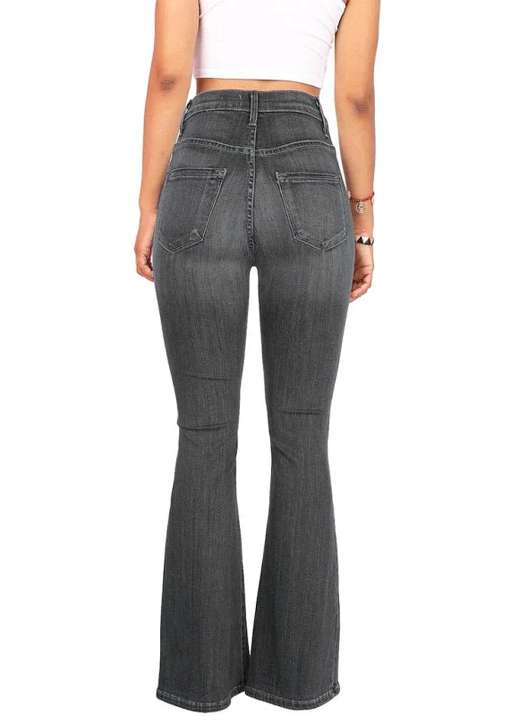 Back view of grey flared jeans with a high waist and distressed denim texture.