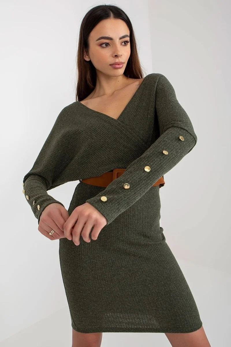 Olive green ribbed knit dress with gold button cuff details and a brown belt.
