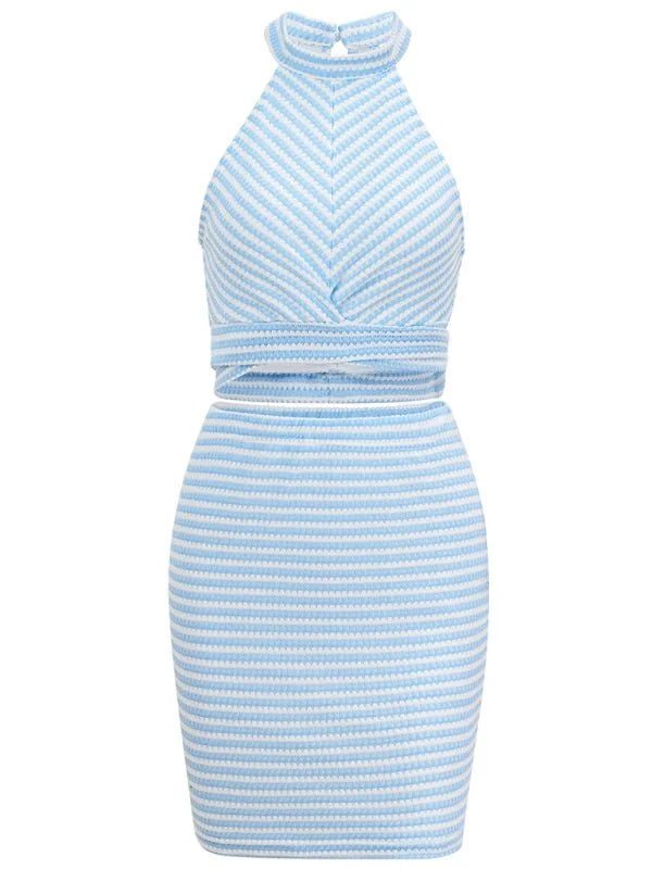 Light blue and white striped halter neck crop top and matching pencil skirt with textured fabric.