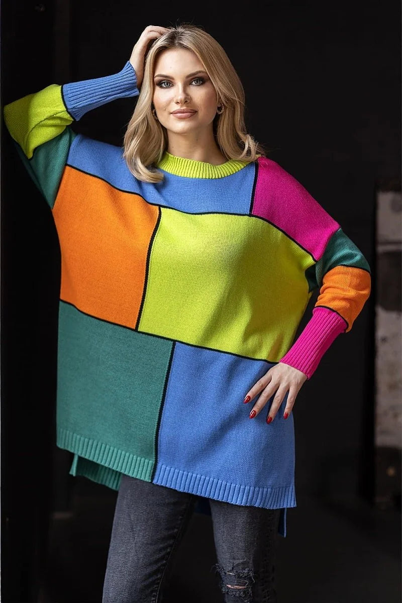Loose-fitting acrylic and cotton sweater with a color-block pattern in bright blue, lime green, orange, teal, and hot pink.