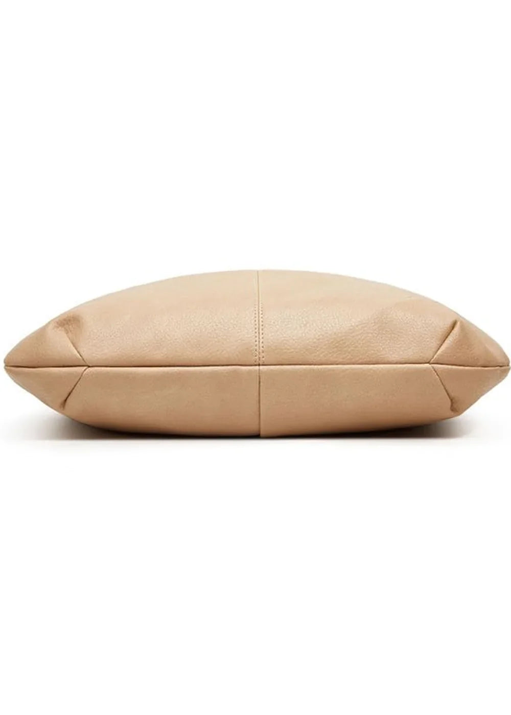 Side view of a light tan PU leather tote bag, showing its rounded shape and stitched seams.