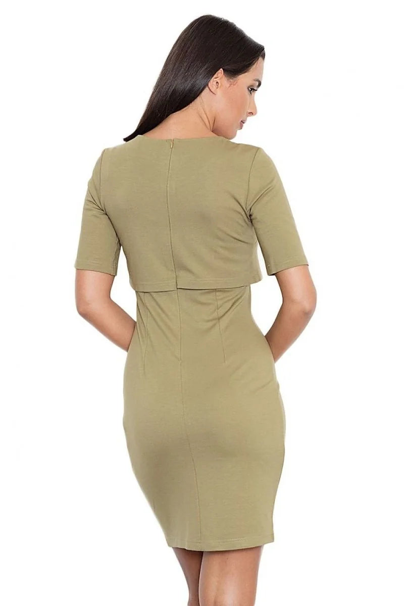 Back view of a khaki green, short-sleeve dress with a slight sheen and a fitted silhouette.