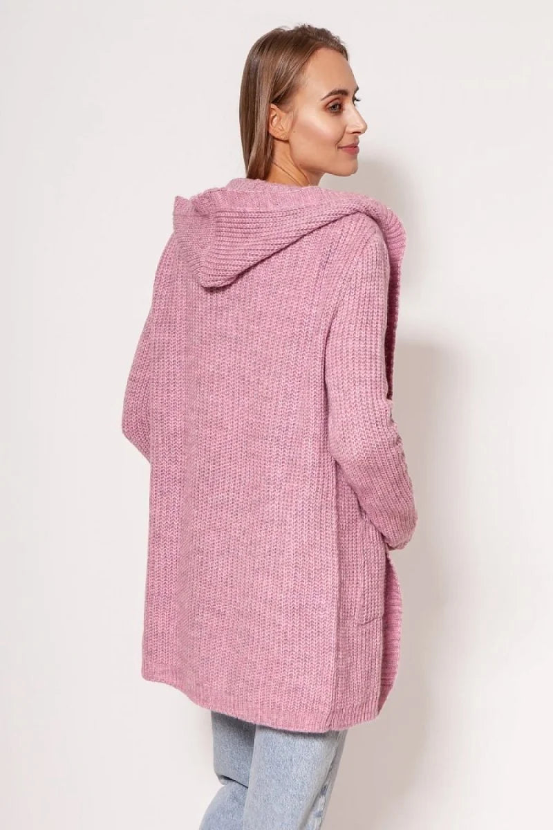 Pink hooded knit cardigan with pockets, shown from the back on a model.