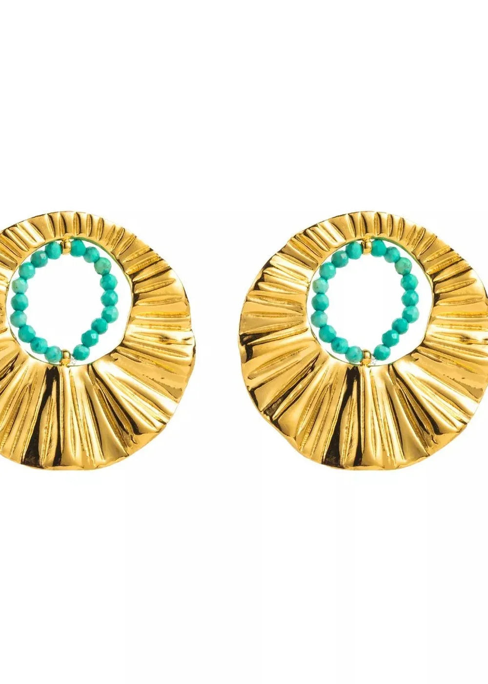 Gold-plated earrings with a sunburst design and turquoise bead center.