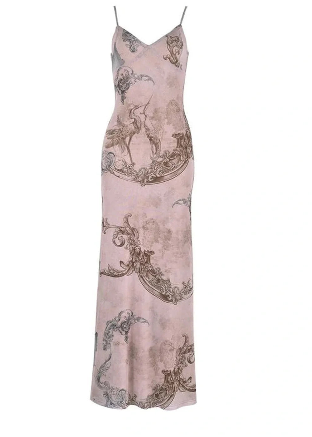 Pink maxi slip dress with ornate bird and scroll print, slim fit, on white background.