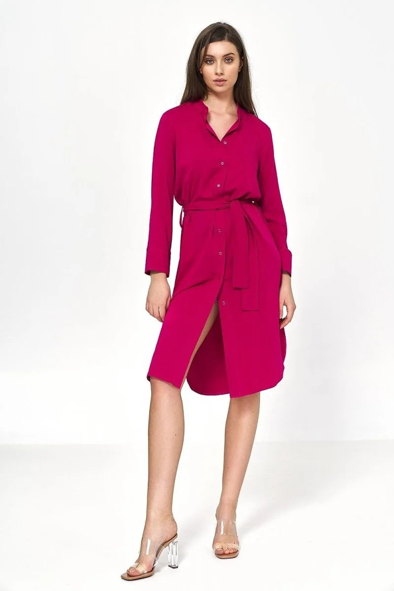 Pink viscose shirt dress with belted waist and clear block heel mules.