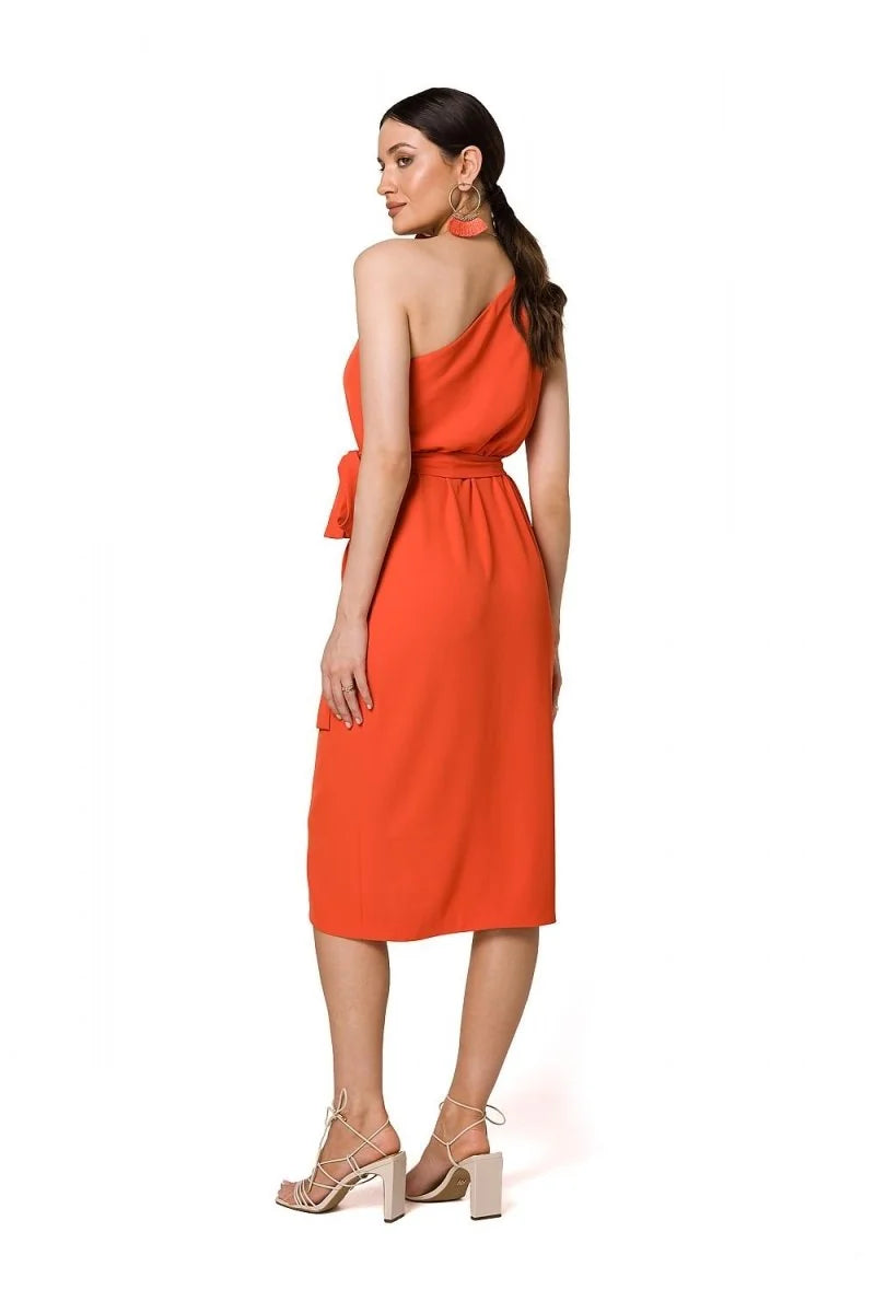 Orange one-shoulder midi dress with a belted waist, worn by a model.