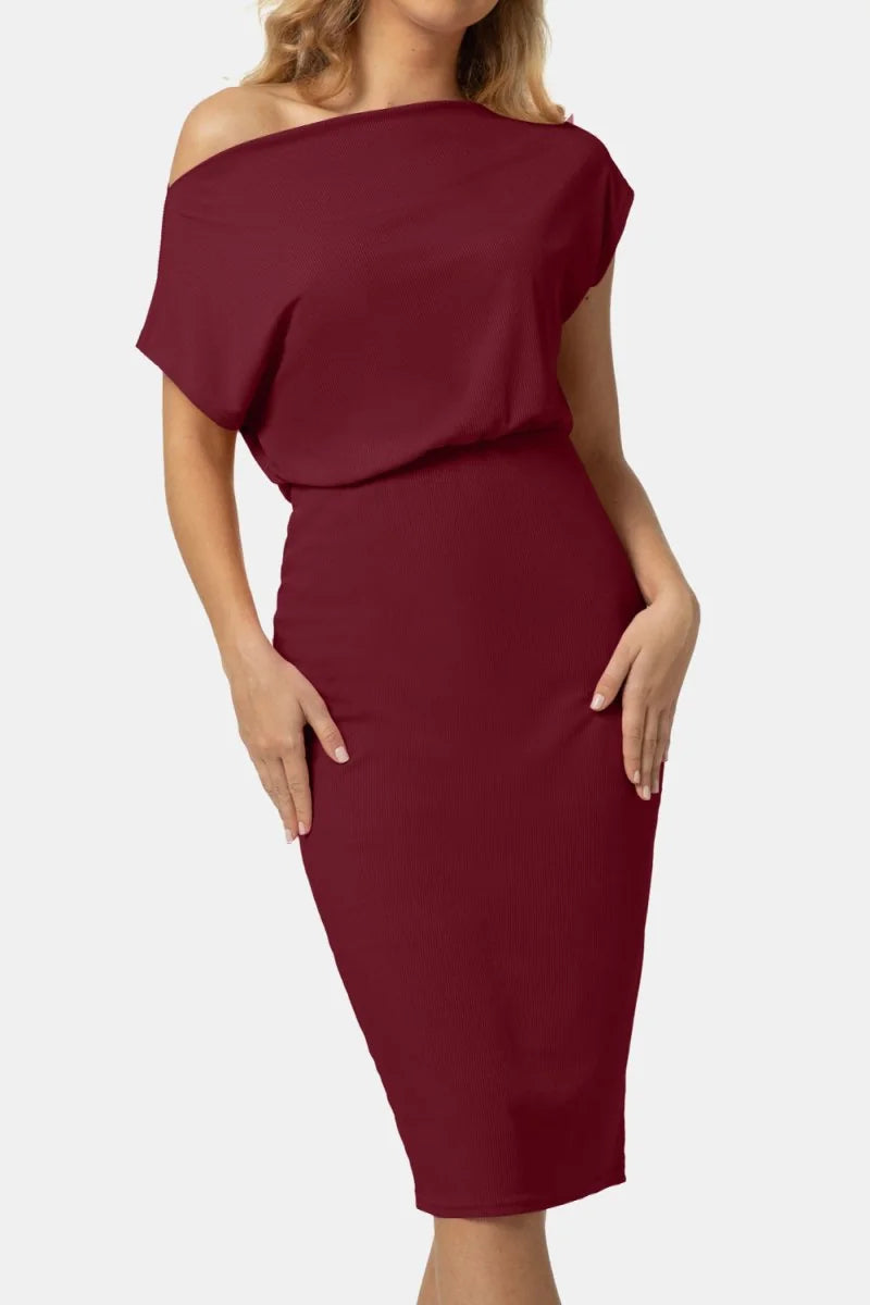 Burgundy ribbed off-the-shoulder midi dress with a moderate stretch fit.