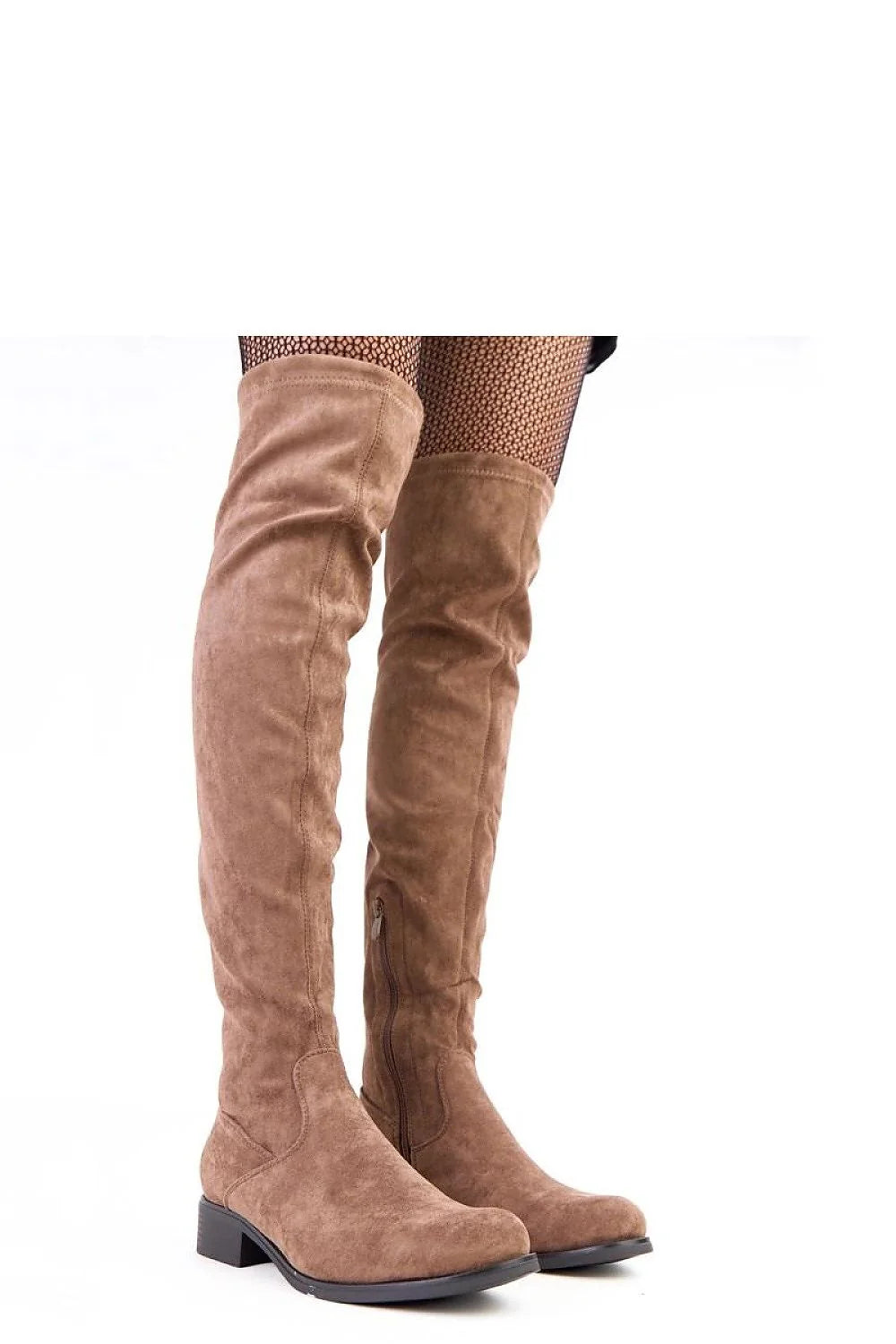 Brown suede over-the-knee boots with a side zipper and black sole, worn with fishnet stockings.