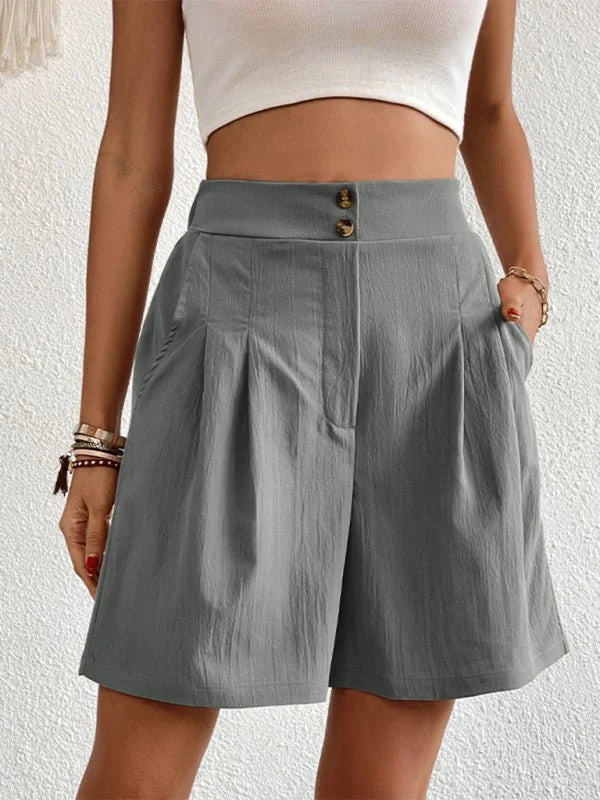 Gray linen-blend shorts with a pleated front and two-button closure.