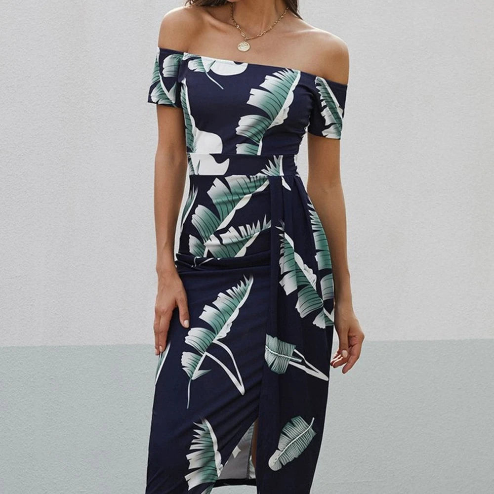 Printed Off-Shoulder Split Dress