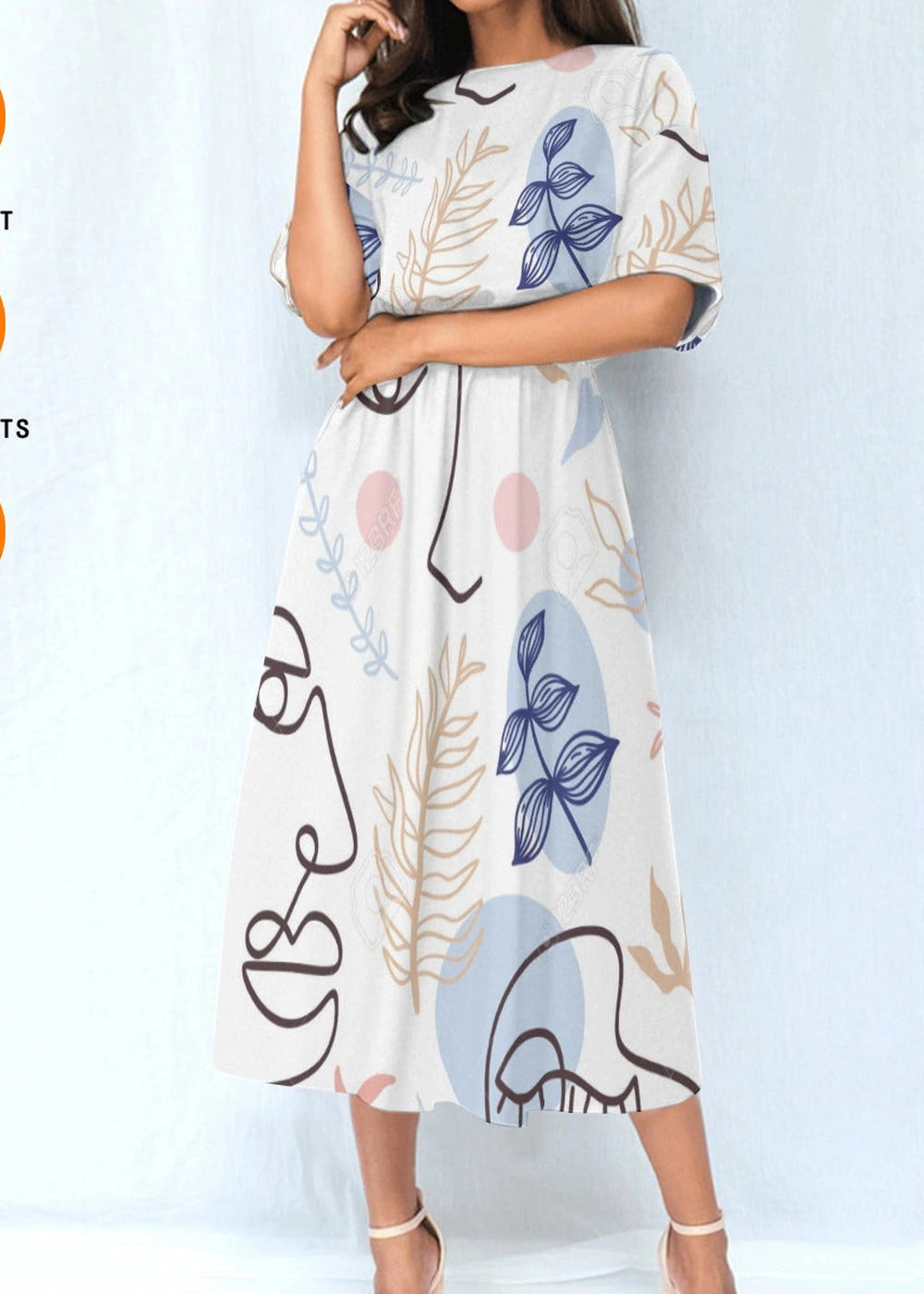 Polyester elastic waist dress with abstract print