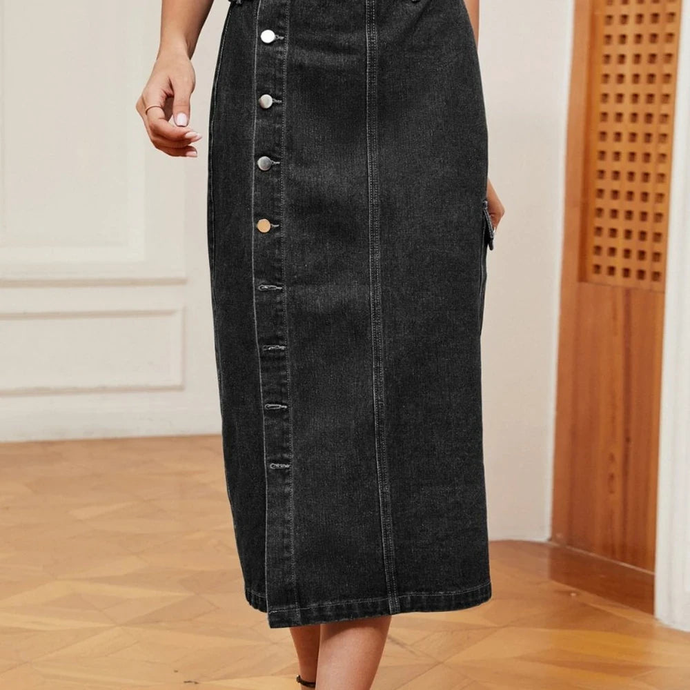 Midi Button Down Denim Skirt
