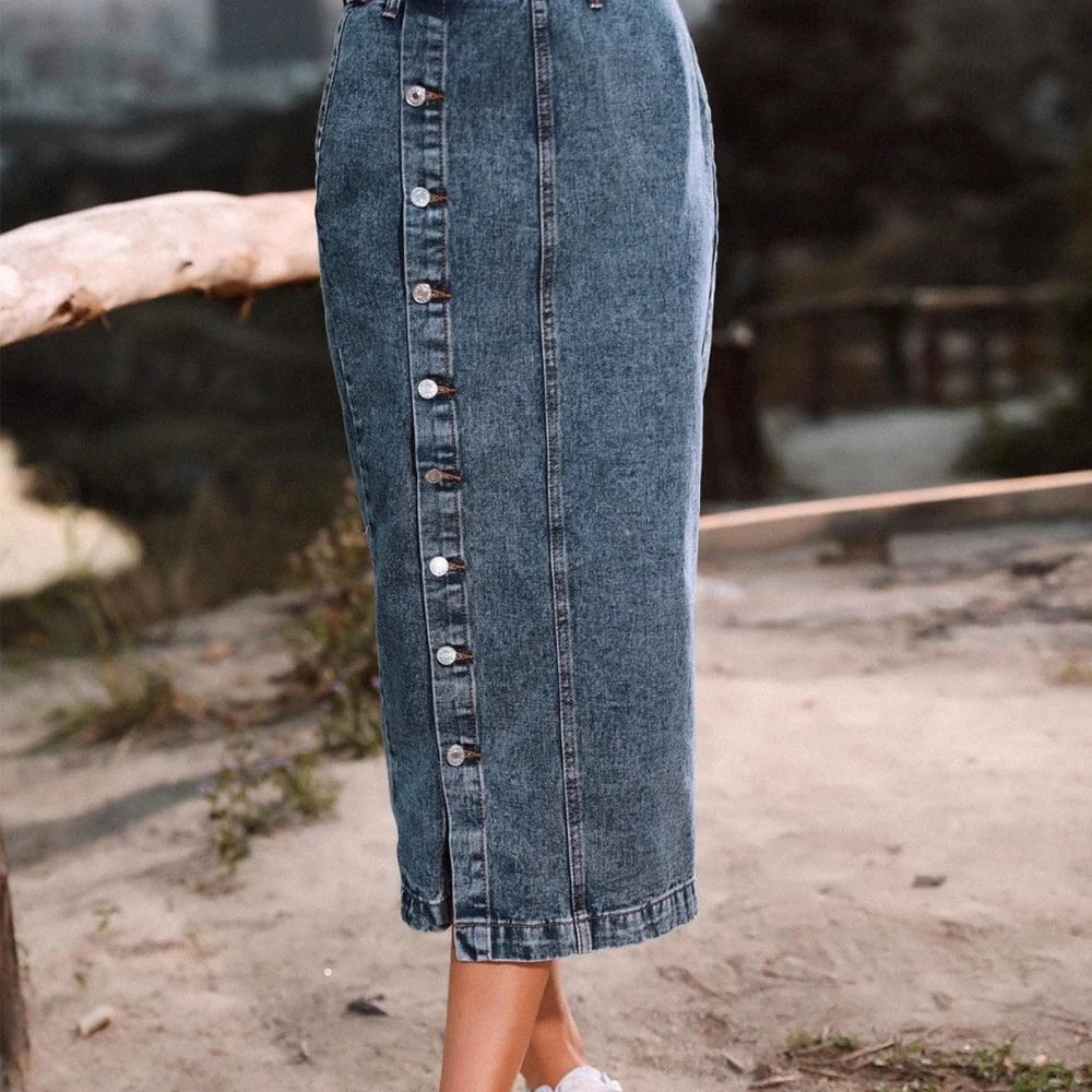 Button Down Denim Skirt with Belt