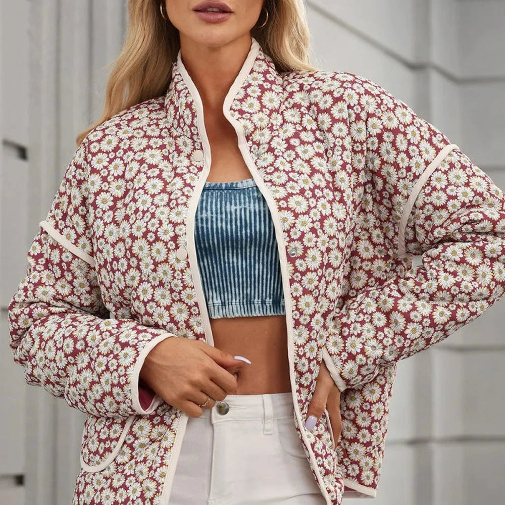 Floral Mock Neck Coat with Pockets