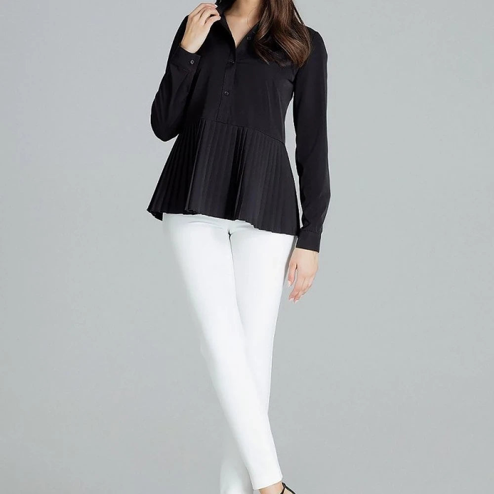 Elegant Black Long Sleeve Collared Blouse