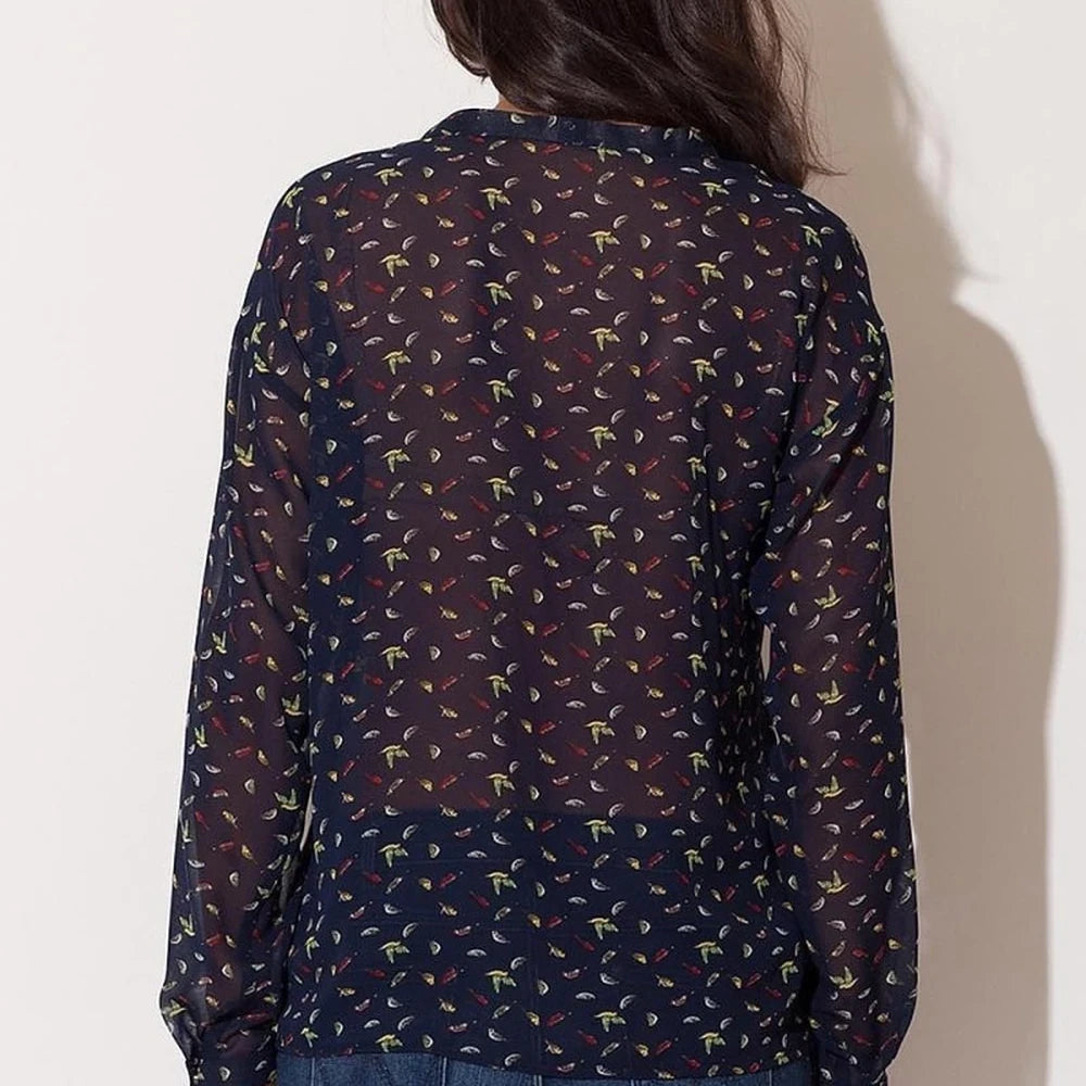 Chiffon Bird Print Shirt with Tie Neckline