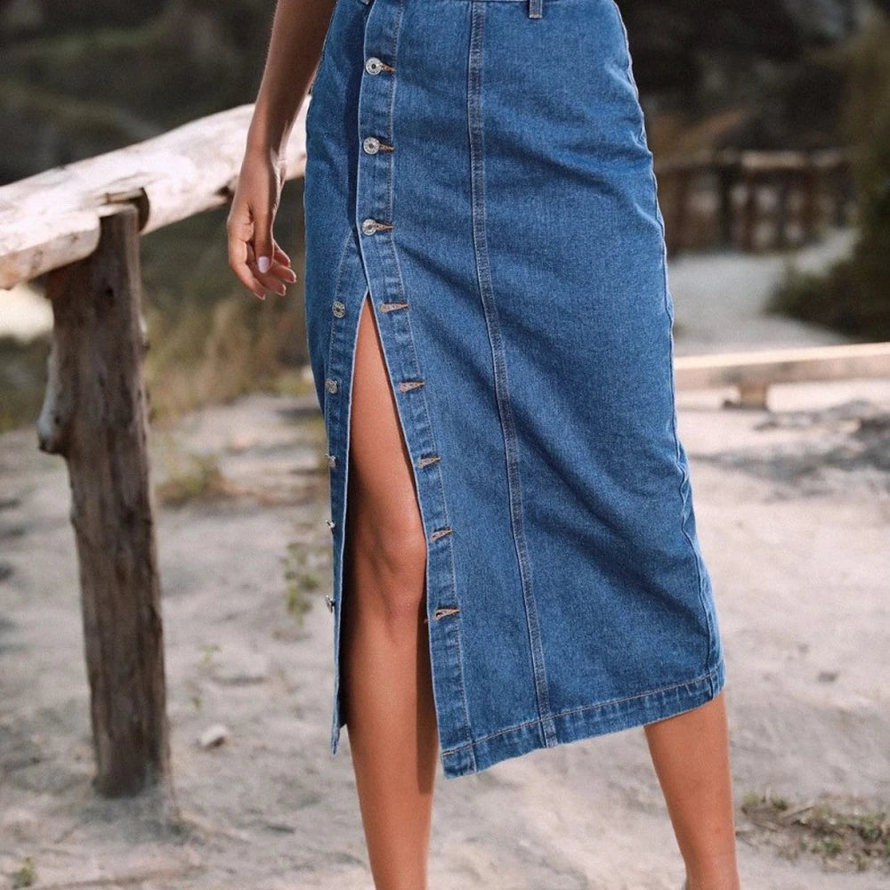 Button Down Denim Skirt with Belt
