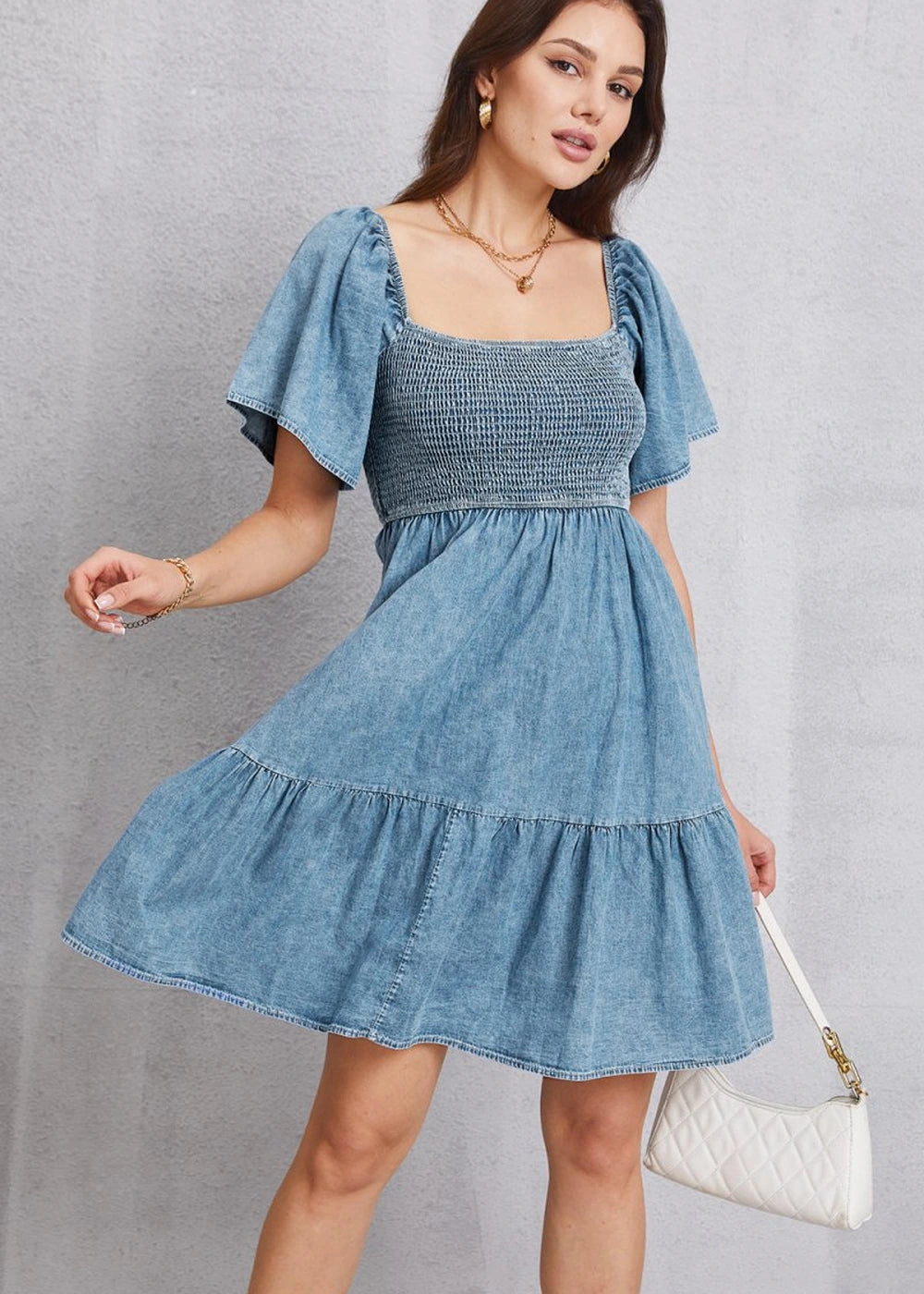 Smocked square neck mini denim