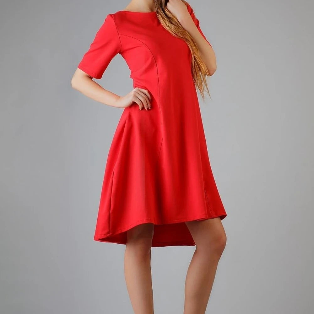 Red Flared Knit Dress with Boat Neck