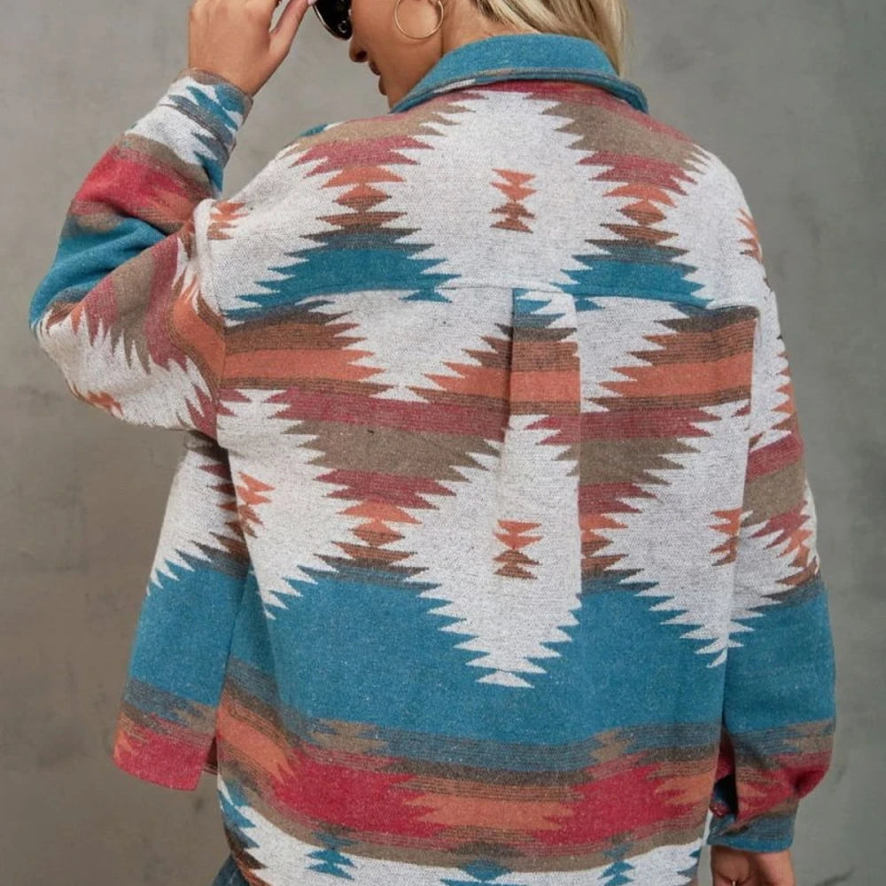 Printed Collared Neck Long Sleeve Casual Jacket