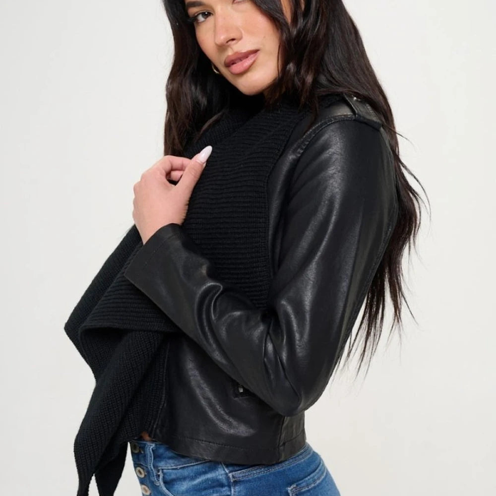 Faux Leather Knit Crop Jacket with Collar