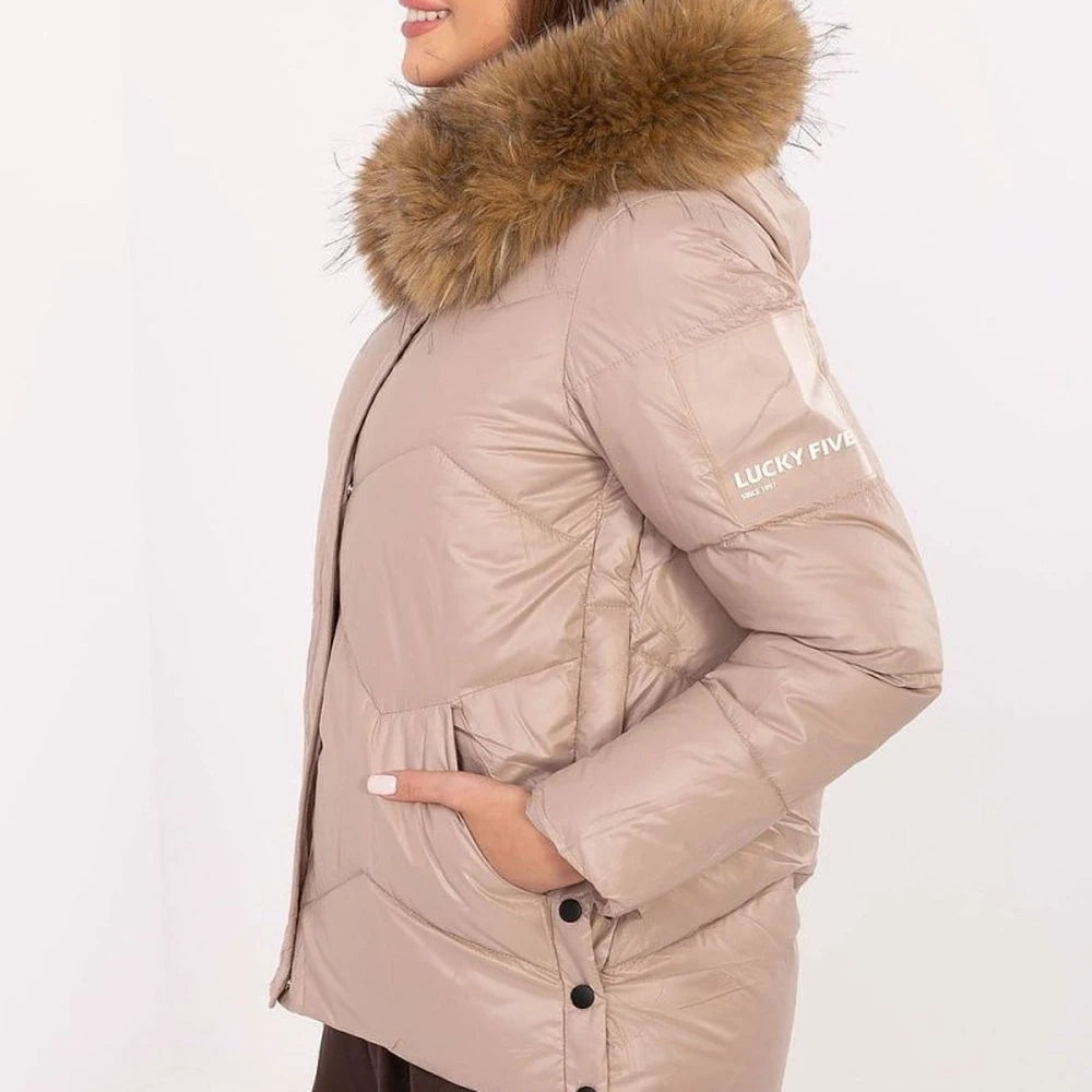 Women's Quilted Down Jacket with Detachable Fur Hood