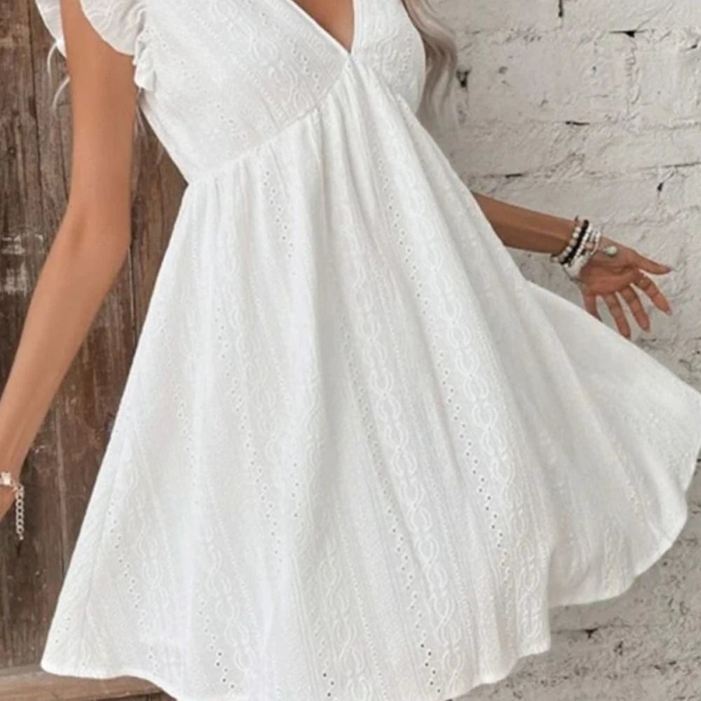 Women's Eyelet Ruffled Cap Sleeve Mini Dress