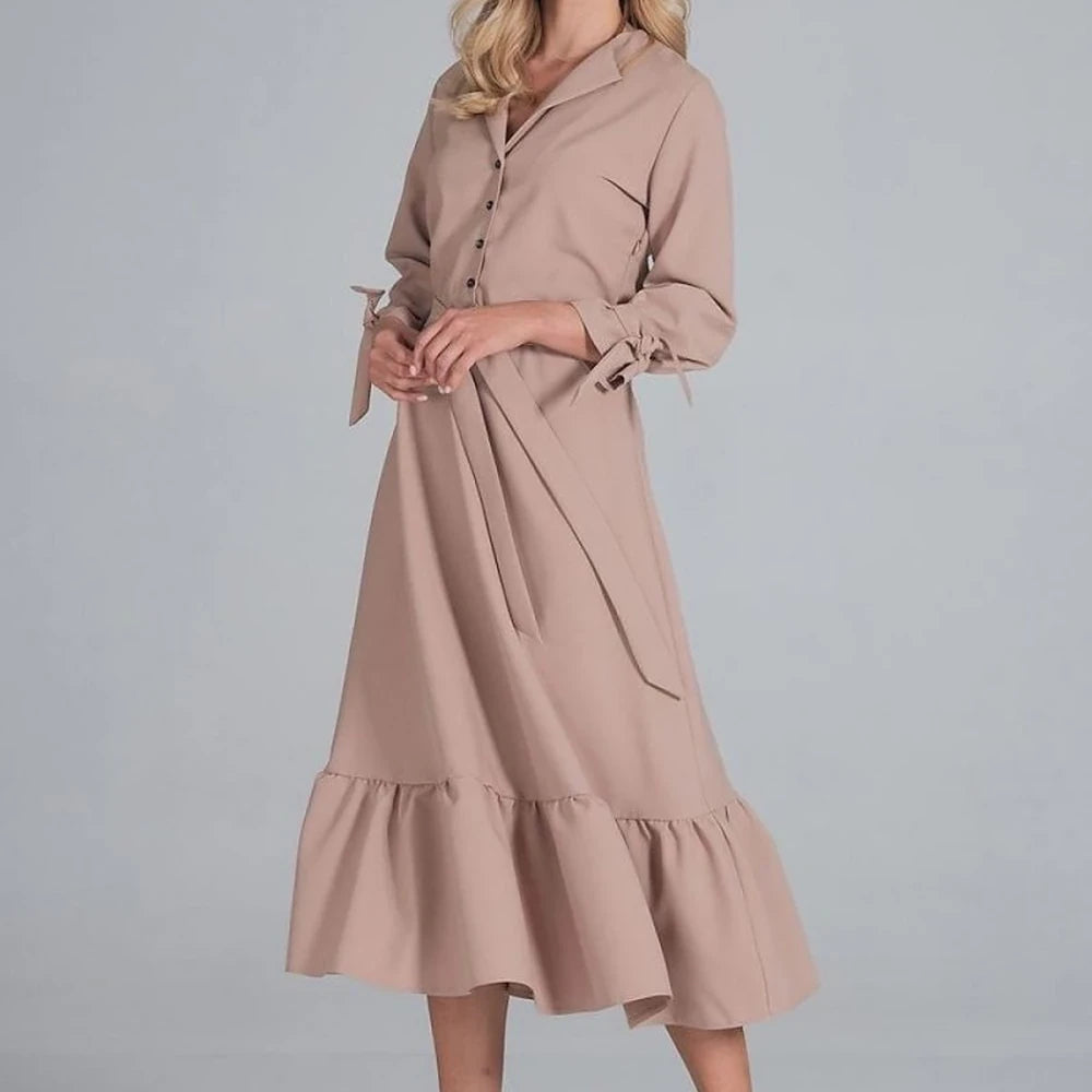 Maxi Dress Ruffle Hem V-Neck Buttoned
