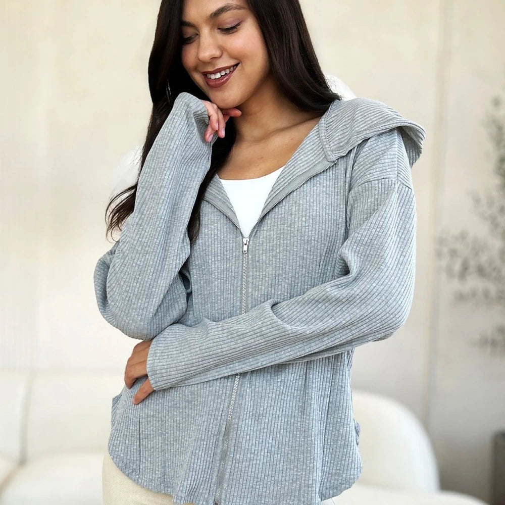 Ribbed Zip-Up Drawstring Hooded Jacket