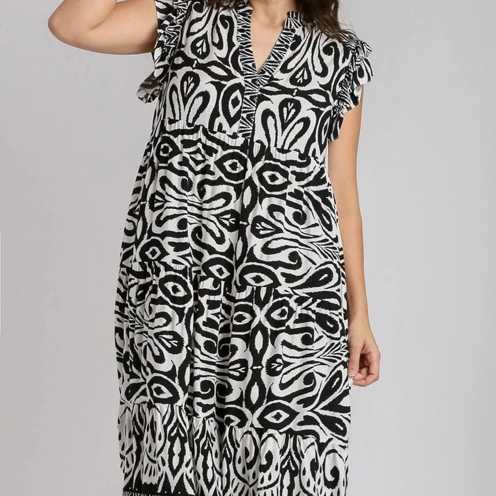 Umgee Two Tone Border Print Midi Dress