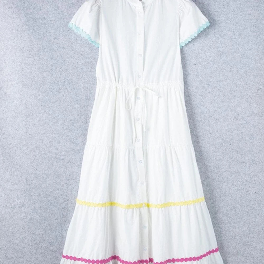 Contrast Trim Button Up Dress - White Cotton