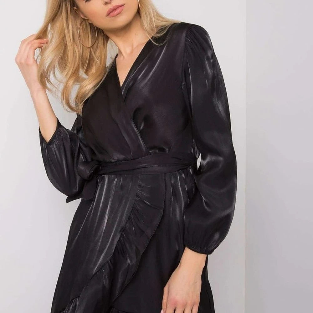 Black Frill Long Sleeve Dress with Tie Belt