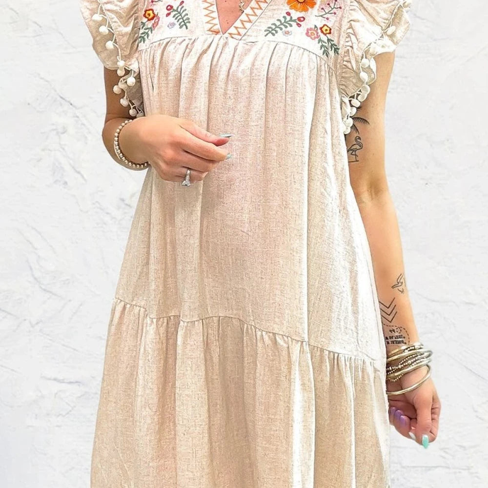 Floral Embroidery Ruffle Sleeve Mini Dress