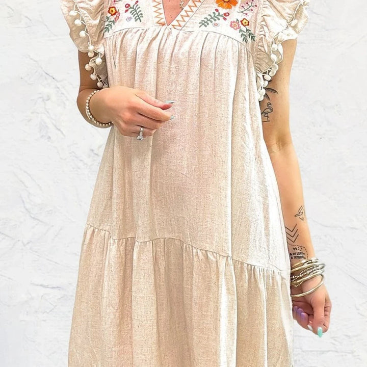 Floral Embroidery Ruffle Sleeve Mini Dress