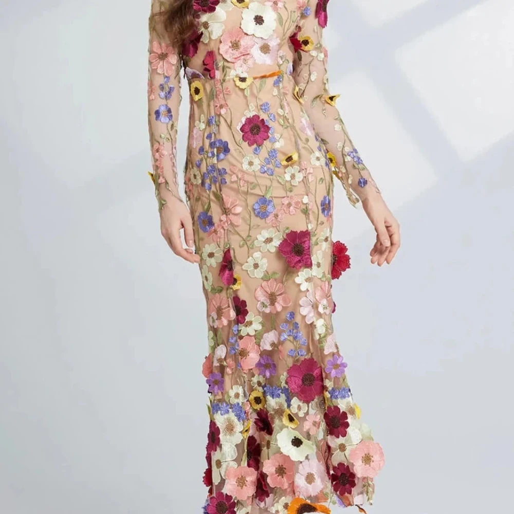 Floral Embroidered Mesh Midi Dress