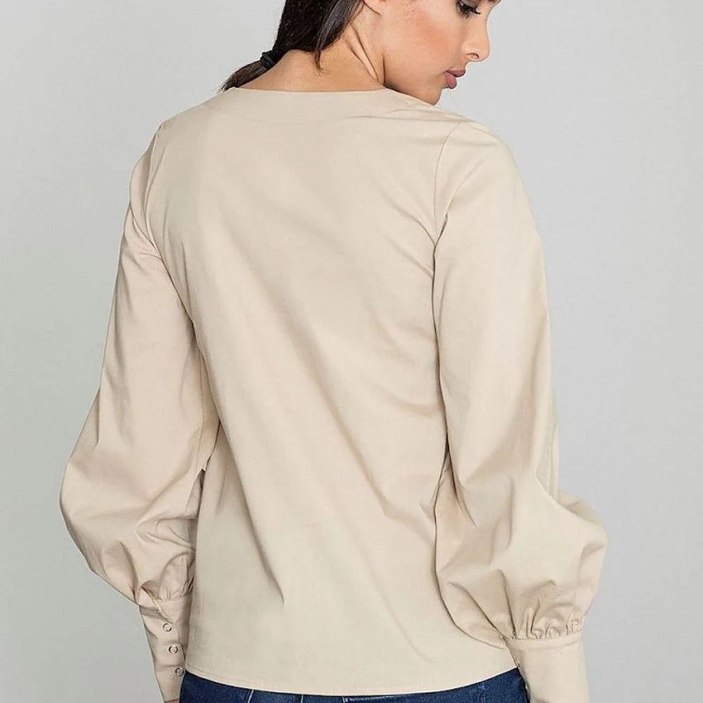 Cotton Blend Pointed Neck Blouse with Buttoned Sleeves
