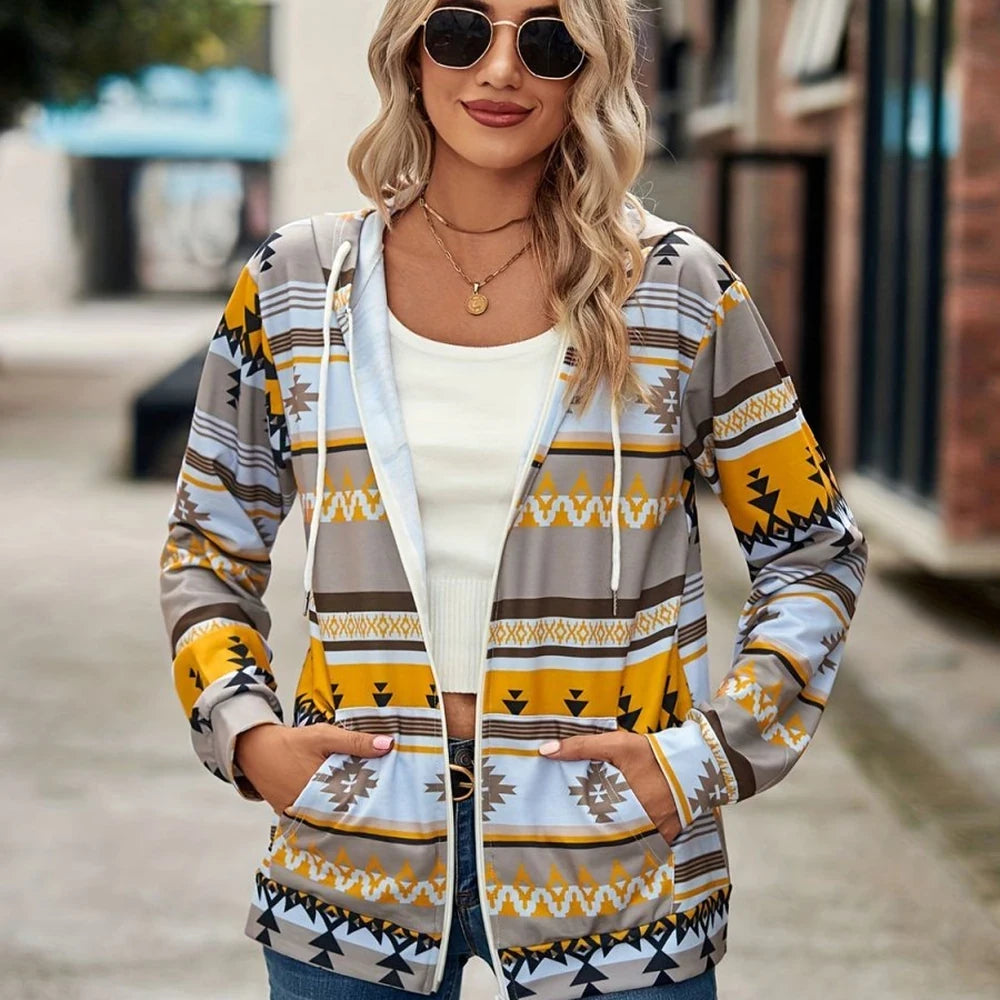 Geometric Zip Up Hooded Jacket