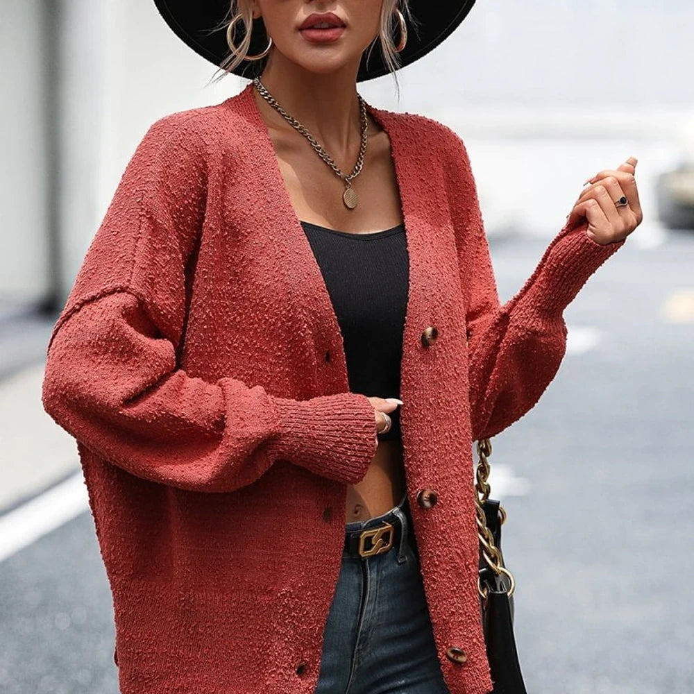 Button-Up V-Neck Cardigan with Dropped Shoulders
