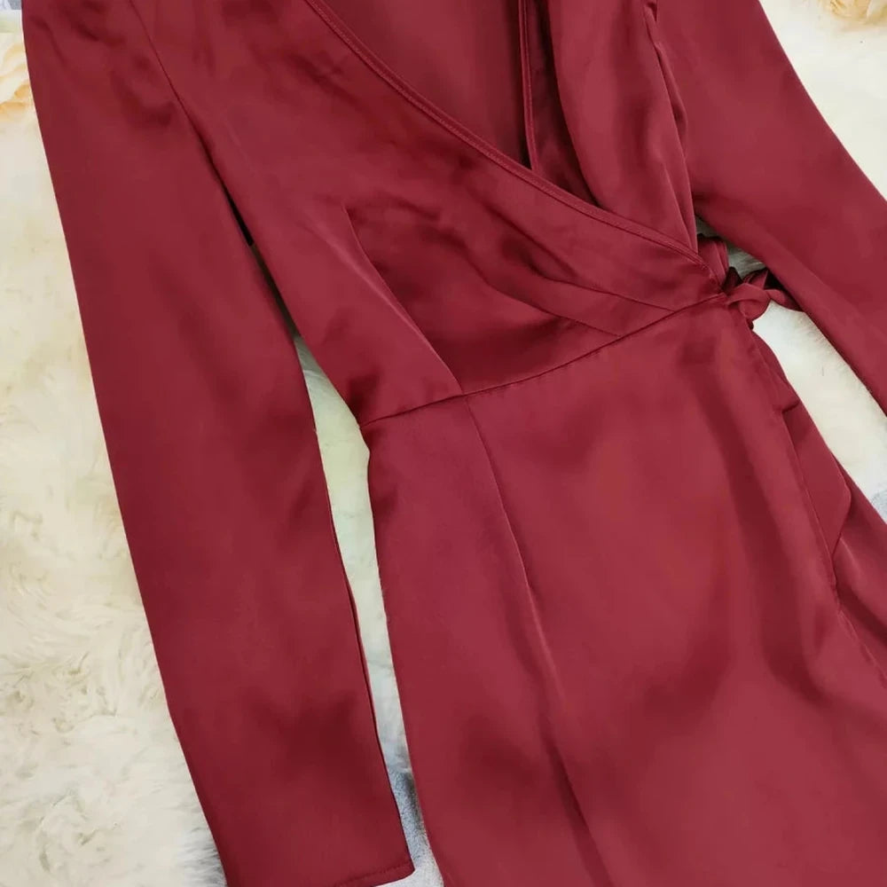 Surplice Satin Long Sleeve Maxi Dress