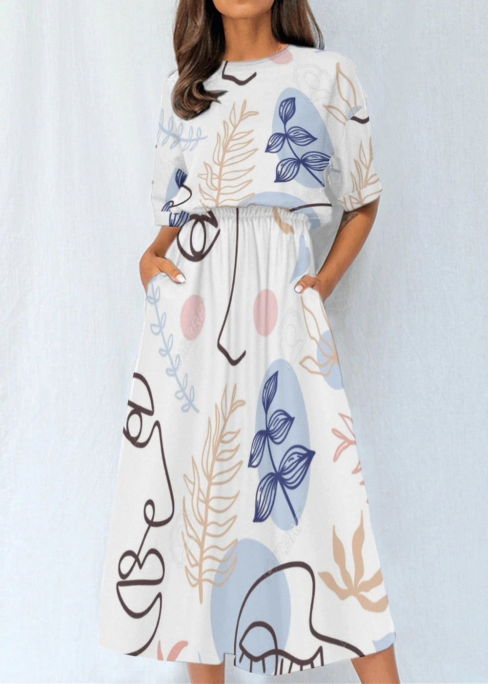 Polyester elastic waist dress with abstract print