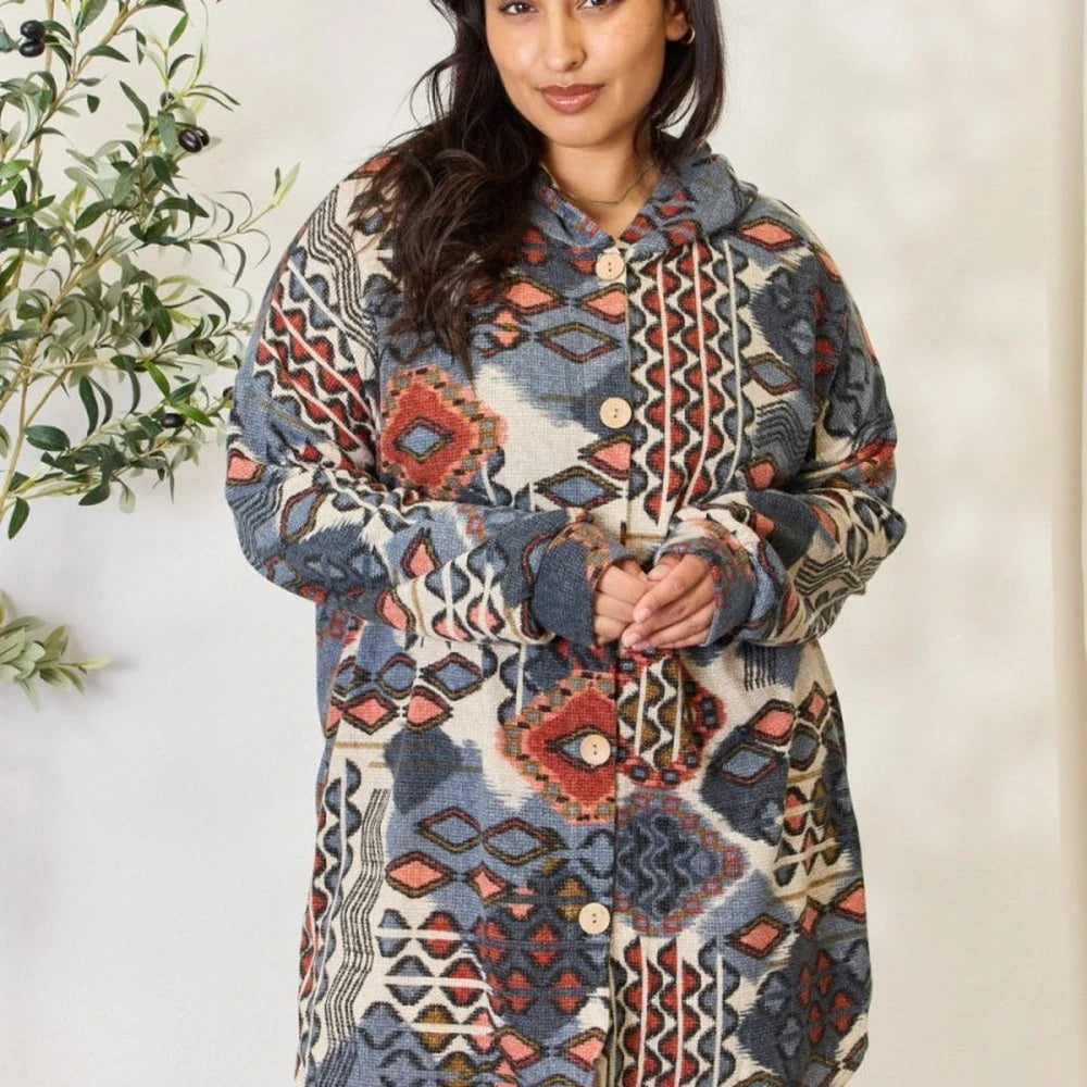 Printed Button Up Hooded Jacket