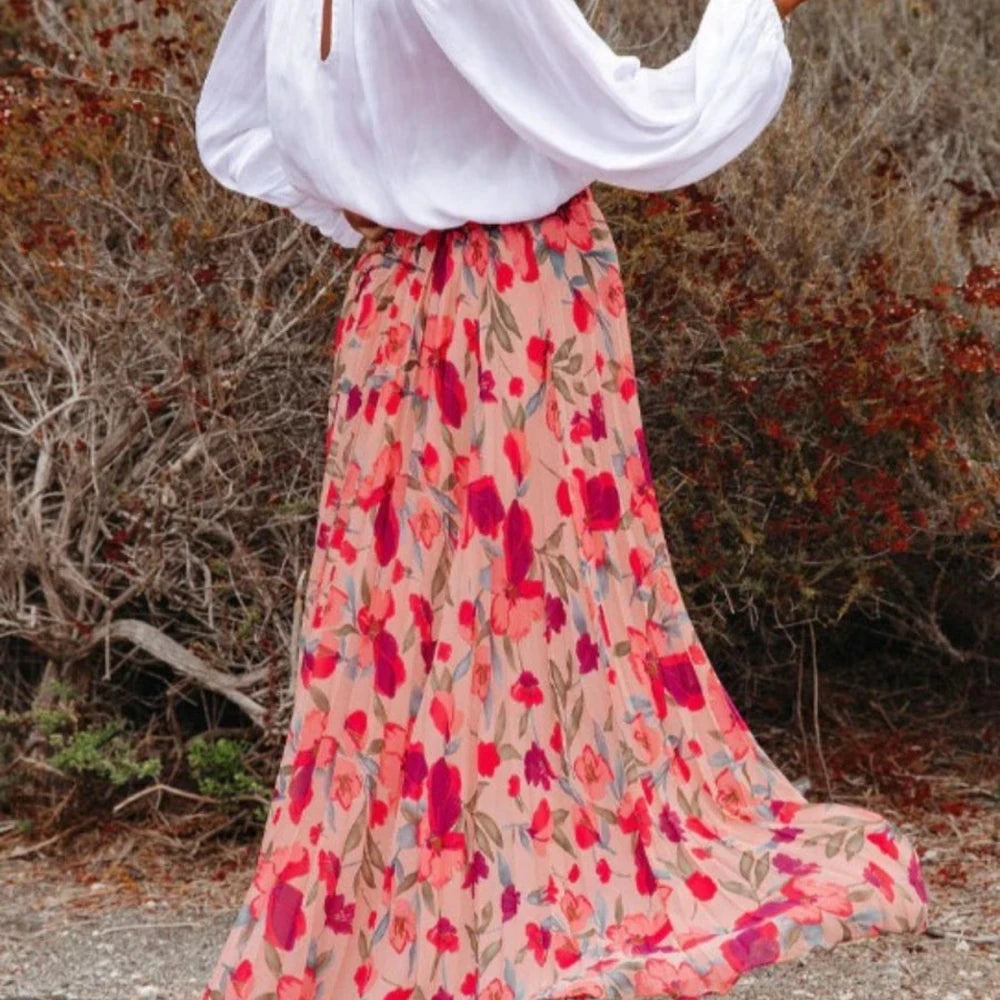 Printed Elastic Waist Maxi Skirt