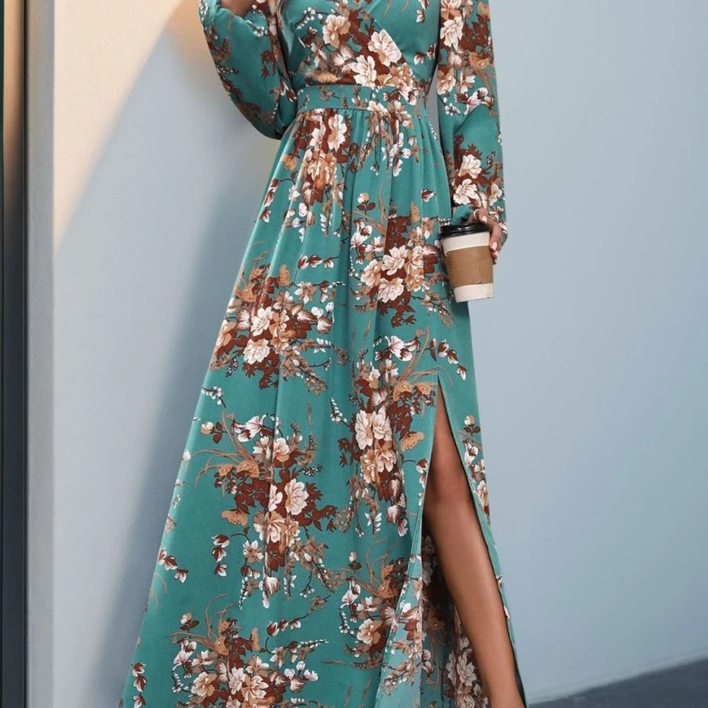Printed Surplice Maxi Dress with Slit