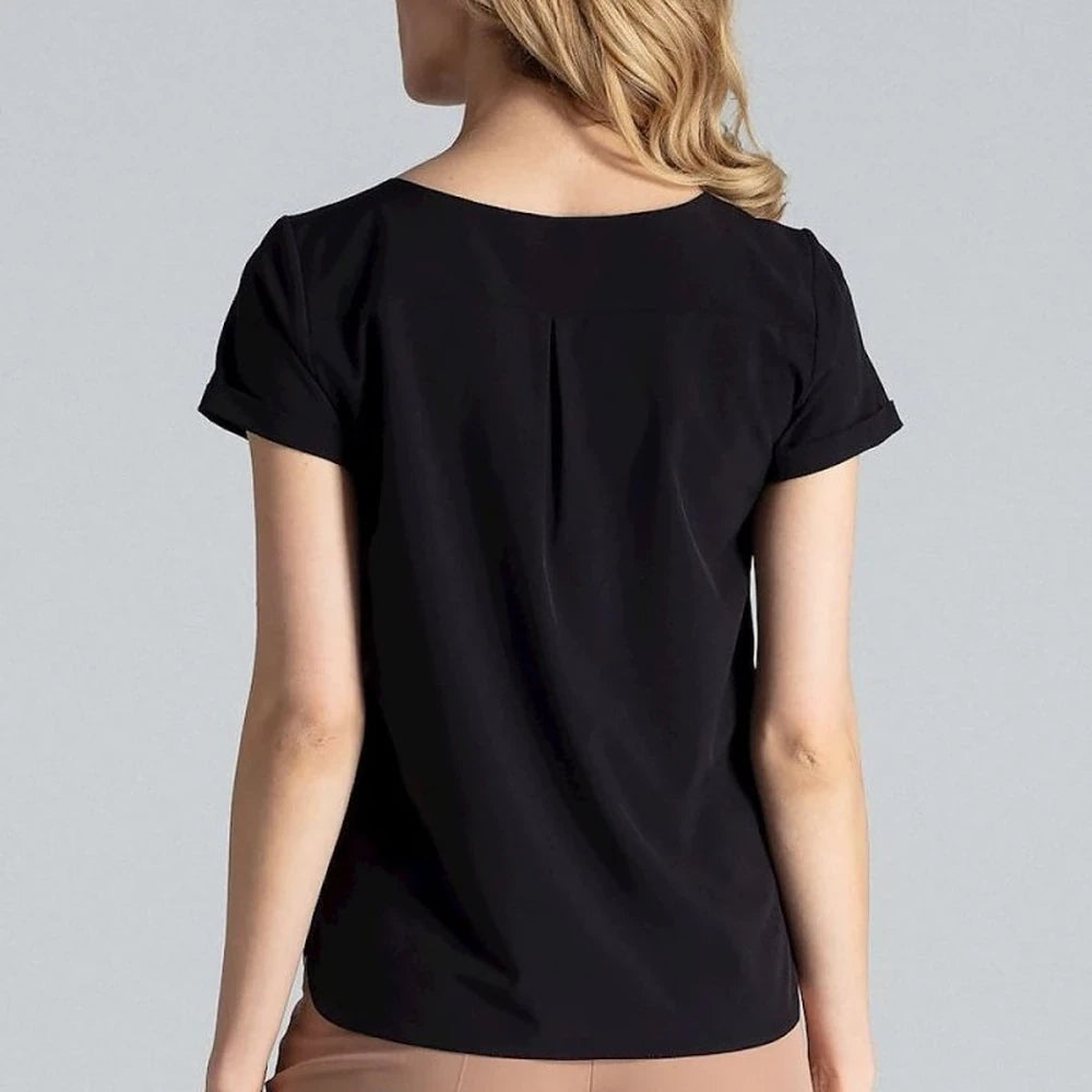 Heart Neck Blouse with Cuffed Short Sleeves