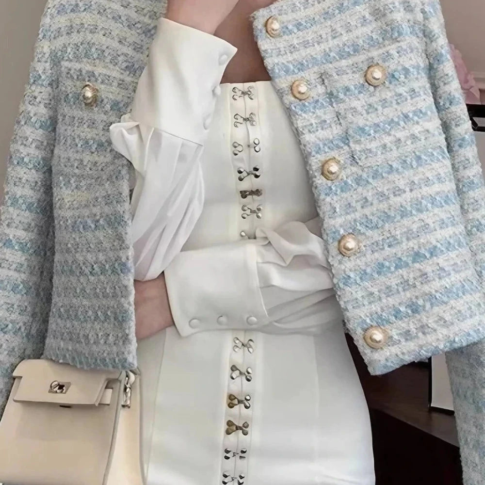 Light Blue Cropped Tweed Button Up Jacket