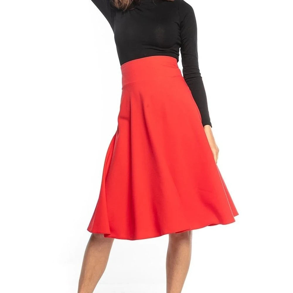 Red High Waist Midi Skirt with Zipper